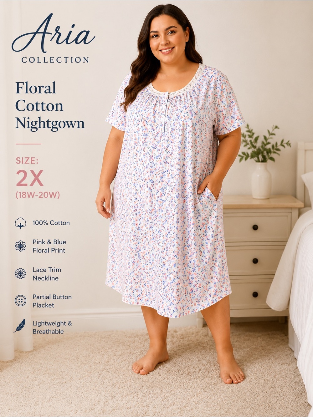 Aria Collection Floral Cotton Nightgown Sleep Shirt 2X Plus Size Pockets
